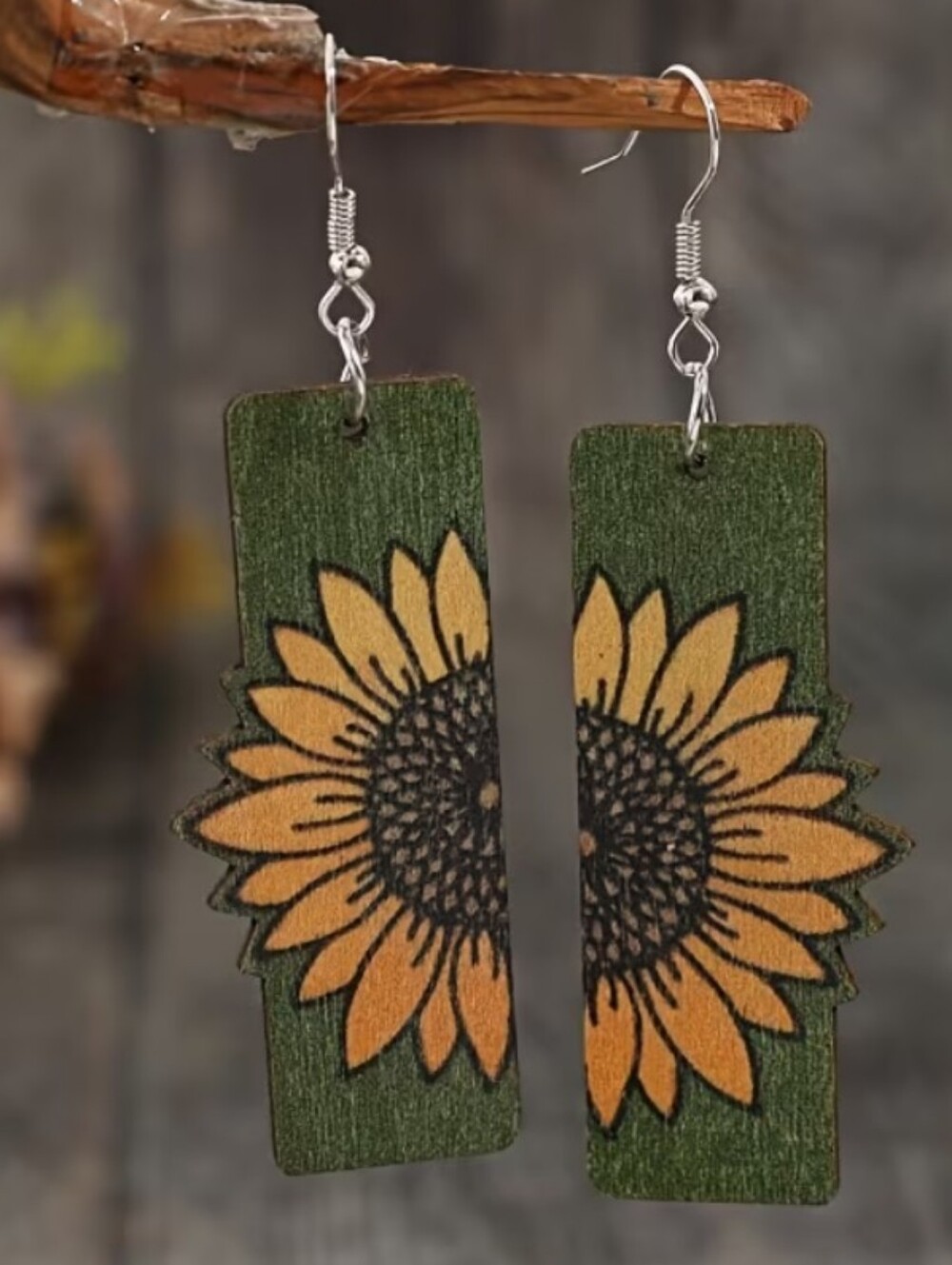 Sunflower Wood Dangle Earrings in Green and Yellow
